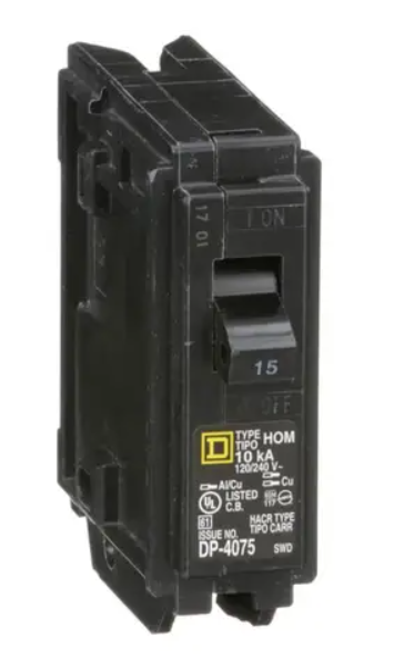 Square D HOM115 Circuit Breaker 120/240V 15A 1P 10kA@120V Plug-In HOMELINE