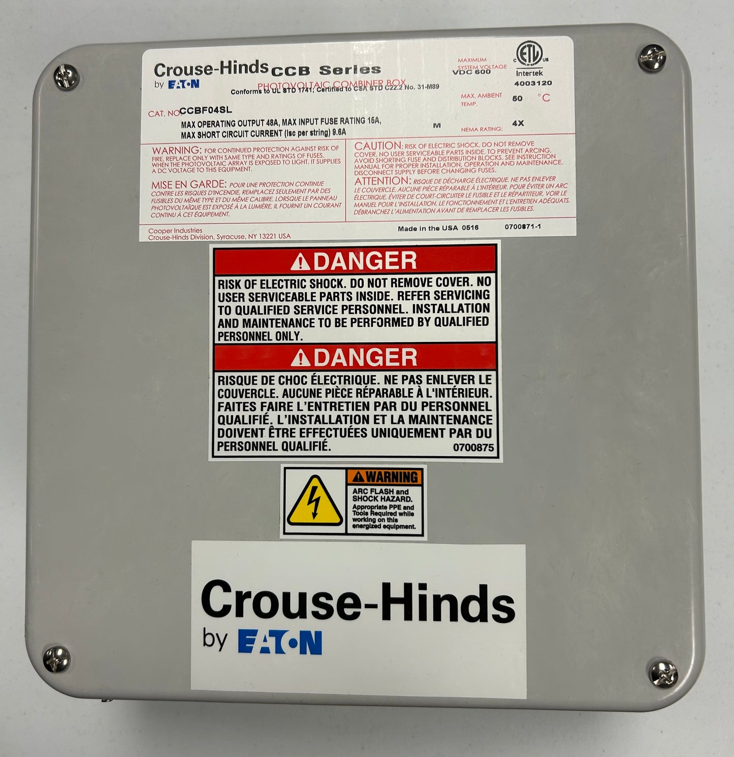 Crouse-Hinds CCBF04SL Compact Solar PV Combiner Box, 600 VD