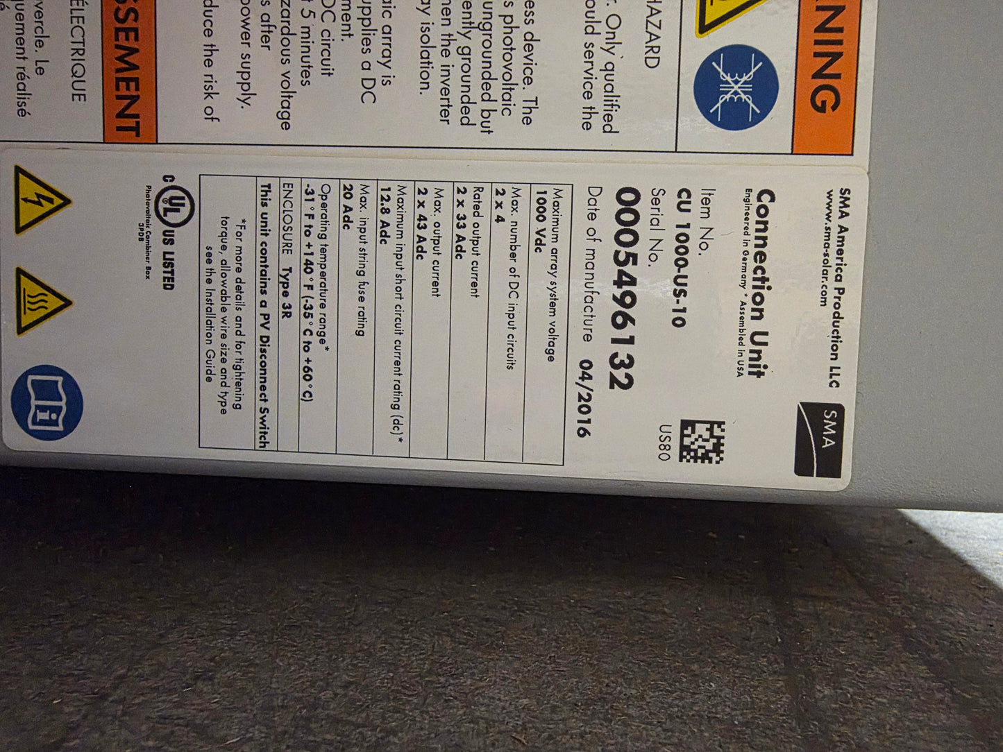 SMA Connection Box, Fused, with DC Disconnect, CU-1000