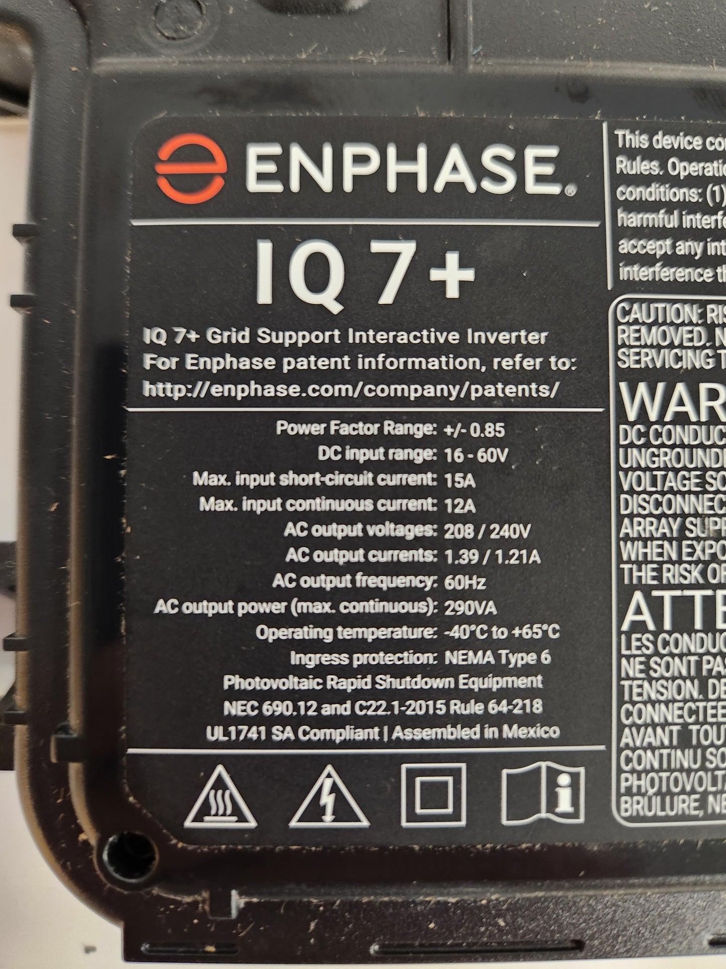 Enphase microinverter, IQ7+, IQ7PLUS-72-2-US